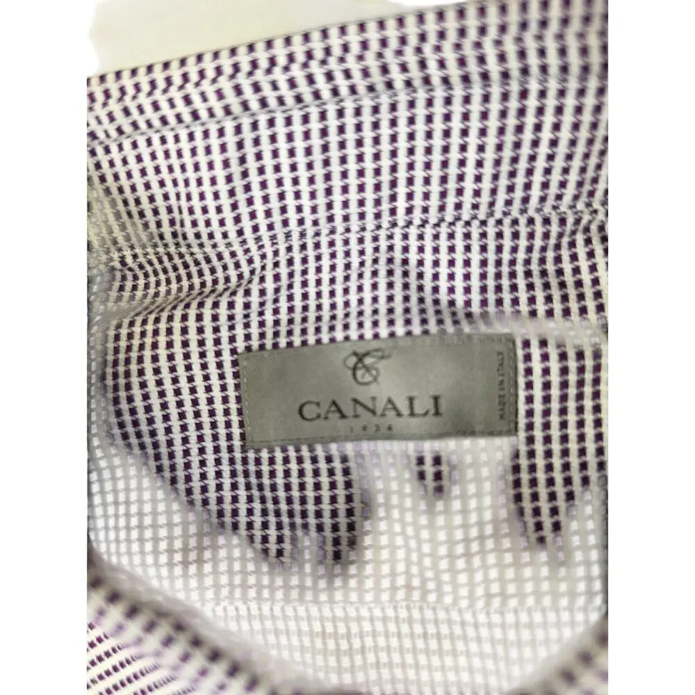 Canali Mens 44 17.5 XL Long Sleeve Button Down Shirt Made In Italy Purple Grid